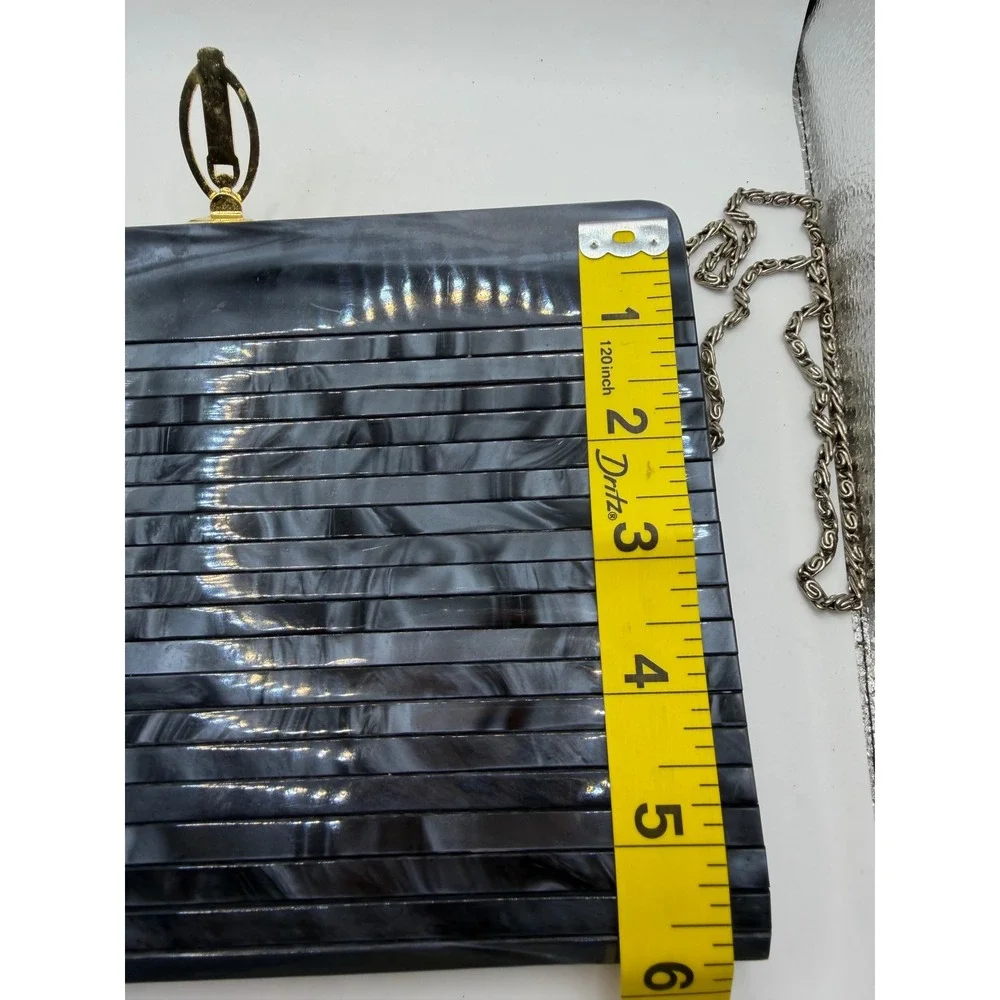 Vintage Marbled Grey Acrylic Ribbed Hard Shell Clutch Evening Bag Gold Clasp
